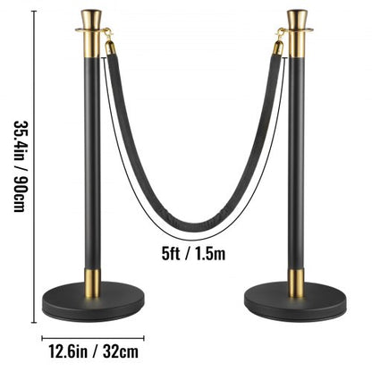 Crowd Control Stanchion Set, Black Velvet Rope Barrier with Rope, Heavy-Duty Crowd Control Posts with Sturdy Concrete