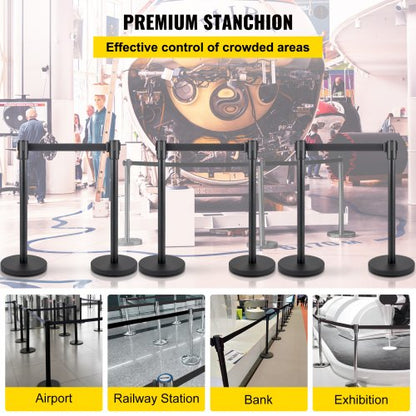 Crowd Control Stanchion Set, Black Queue Barrier with Retractable Belts & Heavy-Duty Base for Events, Airports, Theaters