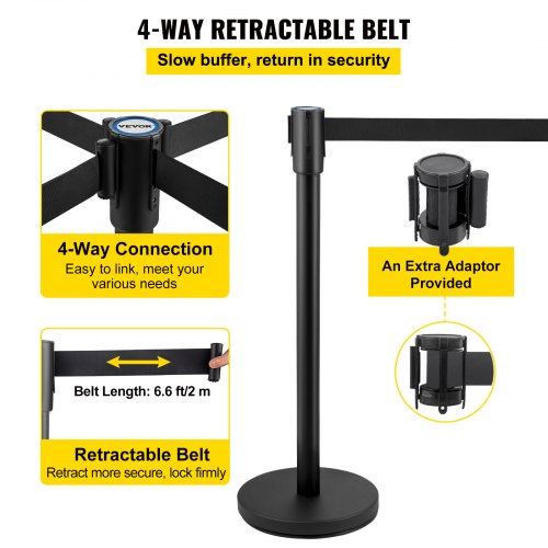 Crowd Control Stanchion Set, Black Queue Barrier with Retractable Belts & Heavy-Duty Base for Events, Airports, Theaters