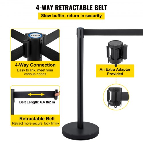 Black Crowd Control Stanchion Set 4Piece W66 Ft Retractable Belts ConcreteFilled Base For Easy Conn 4
