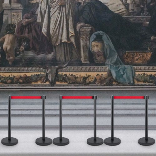 Stanchion Set with 6.6 ft Retractable Belt, 6-Piece Crowd Control Barrier w/ Rubber Base | Heavy-Duty Steel & Iron Poles