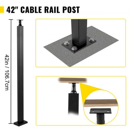 42" Stainless Steel Cable Handrail Post, Holeless Deck Railing with Mount Brackets | Brushed Black Finish