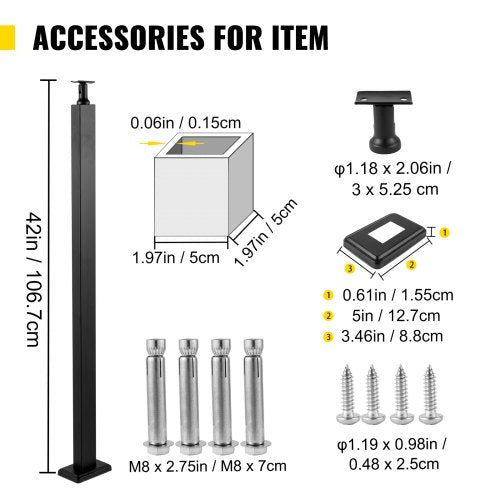 42" Stainless Steel Cable Handrail Post, Holeless Deck Railing with Mount Brackets | Brushed Black Finish