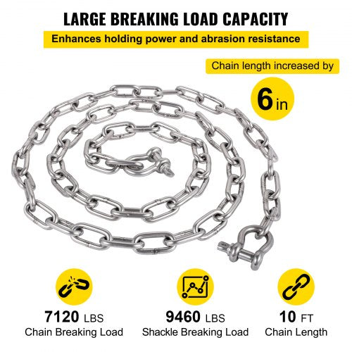 Anchor Chain for Boats, Stainless Steel Chain with Shackles, 7120lbs Anchor Lead Chain Breaking Load