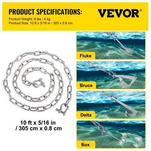 Anchor Chain for Boats, Stainless Steel Chain with Shackles, 7120lbs Anchor Lead Chain Breaking Load