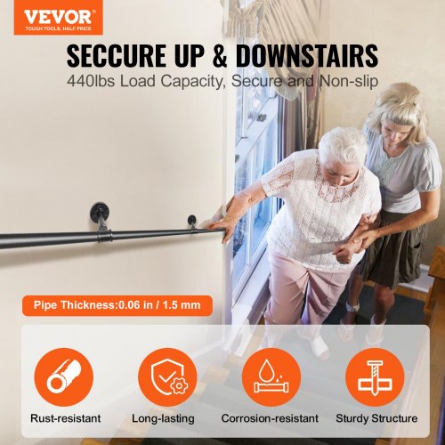 Industrial Staircase Handrail, Carbon Steel Pipe Railing with Wall Mount Support, 440LBS Capacity, Round Corner Wall