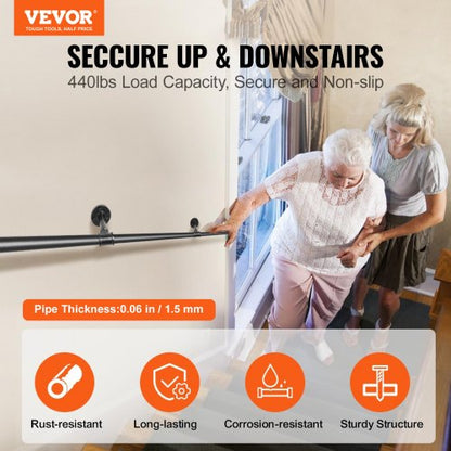 Industrial Staircase Handrail, Carbon Steel Pipe Railing with Wall Mount Support, 440LBS Capacity, Round Corner Wall