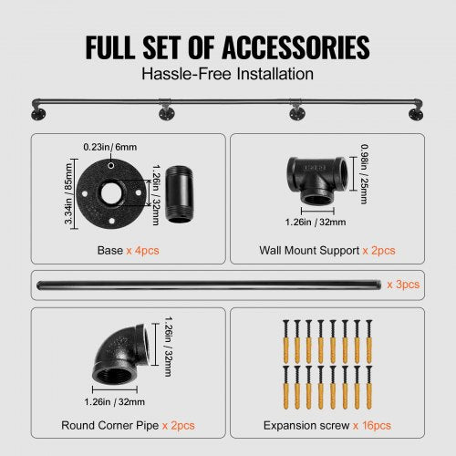 Industrial Staircase Handrail, Carbon Steel Pipe Railing with Wall Mount Support, 440LBS Capacity, Round Corner Wall