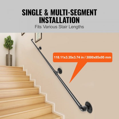 Industrial Staircase Handrail, Carbon Steel Pipe Railing with Wall Mount Support, 440LBS Capacity, Round Corner Wall