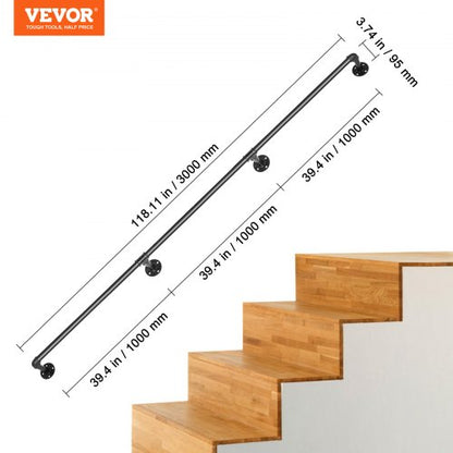 Industrial Staircase Handrail, Carbon Steel Pipe Railing with Wall Mount Support, 440LBS Capacity, Round Corner Wall