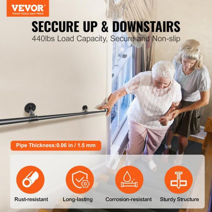 Industrial Pipe Stair Handrail, Heavy-Duty 440LBS Wall Mount Carbon Steel Staircase Handrail for Indoor & Outdoor