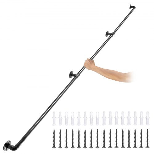 Industrial Staircase Handrail, Heavy-Duty Carbon Steel Pipe Handrail with Round Corners & Wall Mount Brackets