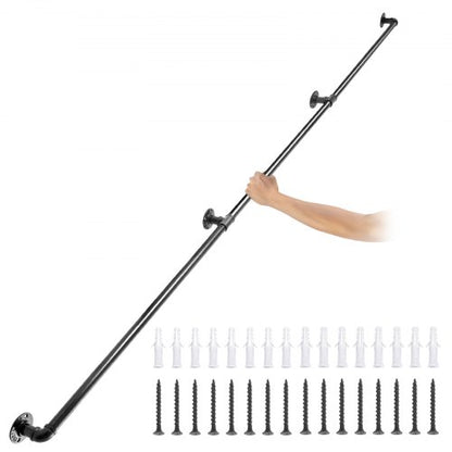 Industrial Staircase Handrail, Heavy-Duty Carbon Steel Pipe Handrail with Round Corners & Wall Mount Brackets