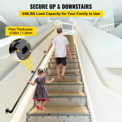 Industrial Staircase Handrail, Heavy-Duty Carbon Steel Pipe Handrail with Round Corners & Wall Mount Brackets