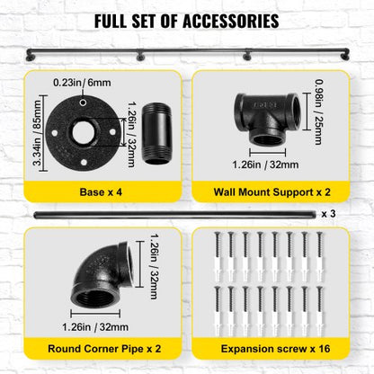 Industrial Staircase Handrail, Heavy-Duty Carbon Steel Pipe Handrail with Round Corners & Wall Mount Brackets