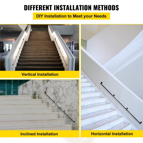Industrial Staircase Handrail, Heavy-Duty Carbon Steel Pipe Handrail with Round Corners & Wall Mount Brackets
