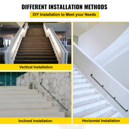 Industrial Staircase Handrail, Heavy-Duty Carbon Steel Pipe Handrail with Round Corners & Wall Mount Brackets