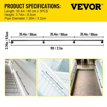 Industrial Staircase Handrail, Heavy-Duty Carbon Steel Pipe Handrail with Round Corners & Wall Mount Brackets