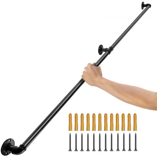 Industrial Pipe Stair Handrail, Carbon Steel Wall Mount Handrail for Indoor Outdoor Stairs, 440LBS Support, Round Corner