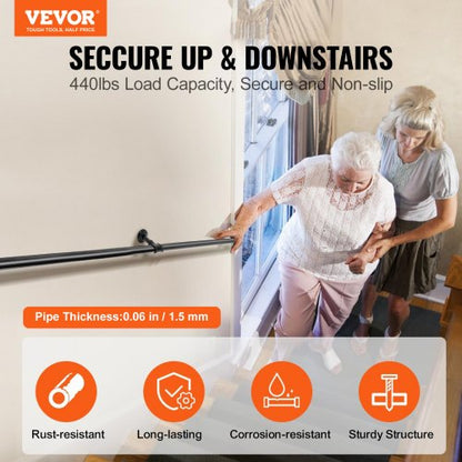 Industrial Pipe Stair Handrail, Carbon Steel Wall Mount Handrail for Indoor Outdoor Stairs, 440LBS Support, Round Corner