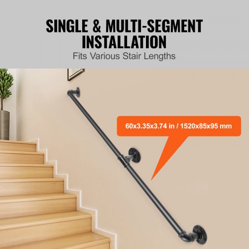 Industrial Pipe Stair Handrail, Carbon Steel Wall Mount Handrail for Indoor Outdoor Stairs, 440LBS Support, Round Corner
