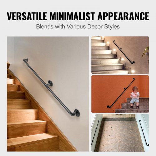 Industrial Pipe Stair Handrail, Carbon Steel Wall Mount Handrail for Indoor Outdoor Stairs, 440LBS Support, Round Corner