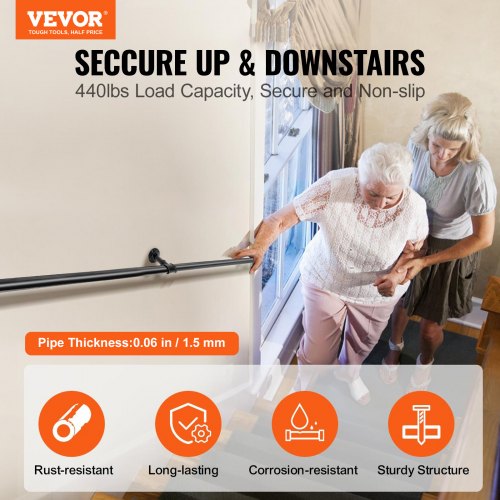 Industrial Pipe Stair Handrail, Carbon Steel Wall Mounted Handrail with 440LBS Capacity, Indoor & Outdoor Safety Railing