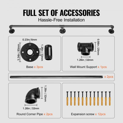 Industrial Pipe Stair Handrail, Carbon Steel Wall Mounted Handrail with 440LBS Capacity, Indoor & Outdoor Safety Railing
