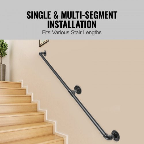 Industrial Pipe Stair Handrail, Carbon Steel Wall Mounted Handrail with 440LBS Capacity, Indoor & Outdoor Safety Railing