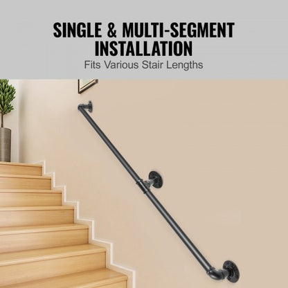 Industrial Pipe Stair Handrail, Carbon Steel Wall Mounted Handrail with 440LBS Capacity, Indoor & Outdoor Safety Railing
