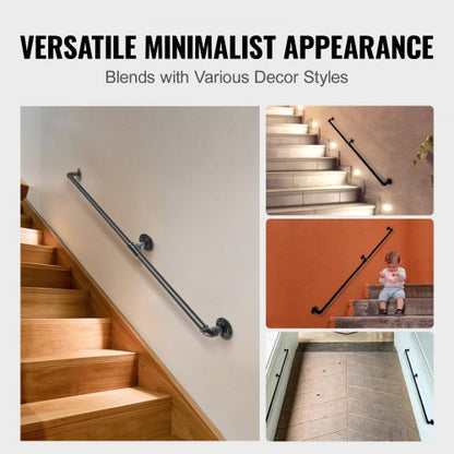 Industrial Pipe Stair Handrail, Carbon Steel Wall Mounted Handrail with 440LBS Capacity, Indoor & Outdoor Safety Railing