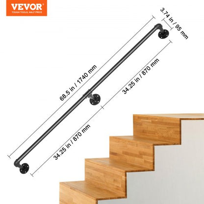 Industrial Pipe Stair Handrail, Carbon Steel Wall Mounted Handrail with 440LBS Capacity, Indoor & Outdoor Safety Railing
