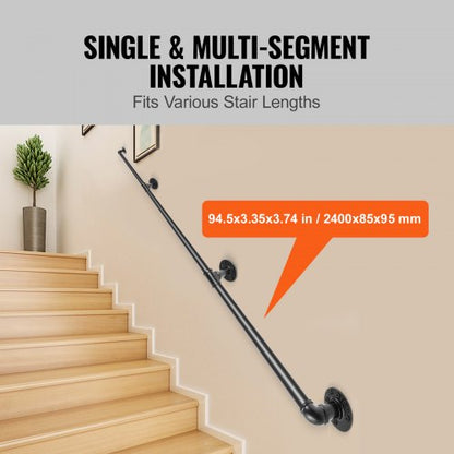Industrial Pipe Stair Handrail, Load Carbon Steel Staircase Handrail with Wall Mount Support, Round Corner Railing