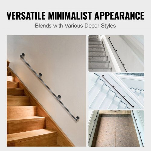 Industrial Pipe Stair Handrail, Load Carbon Steel Staircase Handrail with Wall Mount Support, Round Corner Railing