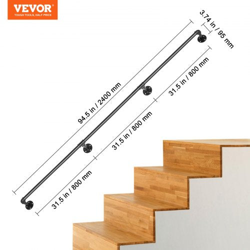 Industrial Pipe Stair Handrail, Load Carbon Steel Staircase Handrail with Wall Mount Support, Round Corner Railing