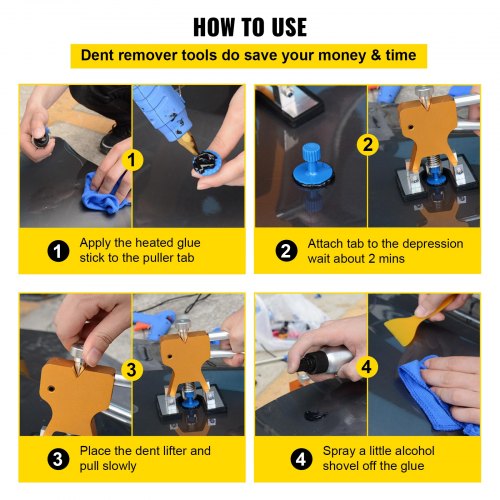 Paintless Dent Repair Tools Kit with Paintless Dent Removal Rods, Golden Lifter Puller & Glue Puller Tabs for Auto Body