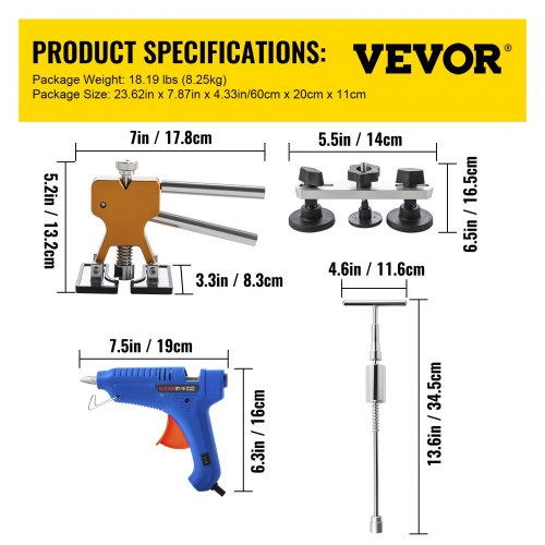 Paintless Dent Repair Tools Kit with Paintless Dent Removal Rods, Golden Lifter Puller & Glue Puller Tabs for Auto Body