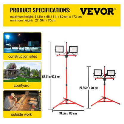 Dual-Head Lumen LED Work Light with Stand, Adjustable Tripod, Bright Light, IP65 Waterproofed LED Tripod Work Light