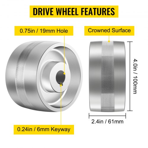 Aluminum Belt Grinder Wheel Set, 4" Drive, 3" Tracking & 2" Idler Wheels (0.75" Bore), Heavy-Duty Knife Grinder