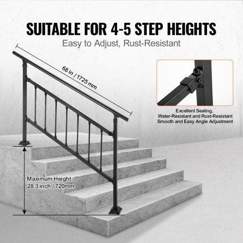 Transitional Wrought Iron Handrail Adjustable Exterior Stair Railing With Fence For 05 Steps  Matte 3
