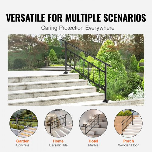 Transitional Wrought Iron Handrail Adjustable Exterior Stair Railing With Fence For 05 Steps  Matte 5