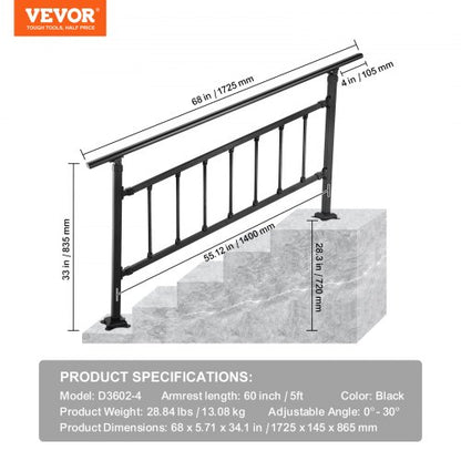 Transitional Wrought Iron Handrail Adjustable Exterior Stair Railing With Fence For 05 Steps  Matte 7