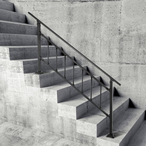 Transitional Wrought Iron Handrail, Adjustable Exterior Stair Railing with Fence for 0-5 Steps | Matte Black Finish