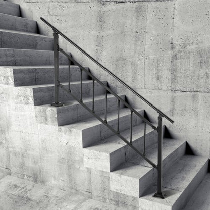 Transitional Wrought Iron Handrail, Adjustable Exterior Stair Railing with Fence for 0-5 Steps | Matte Black Finish