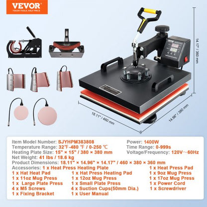 Multifunctional Heat Press Machine 15x15 8pc Combo Kit WDual LED Display  Professional TShirt Mug 7