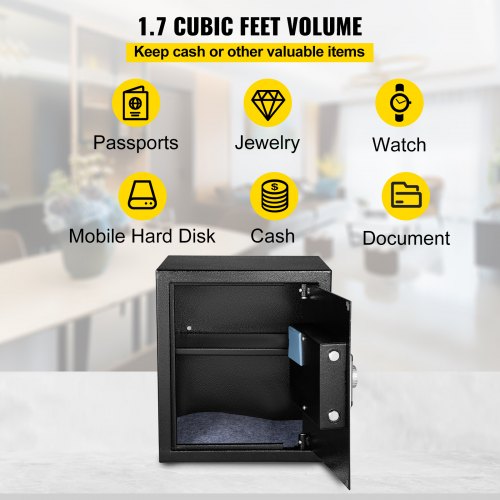 Steel CU.FT Digital Safe Box w/ Fingerprint Unlock, Keys & Keypad, Secure Money Safe for Jewelry, Pistols & Documents