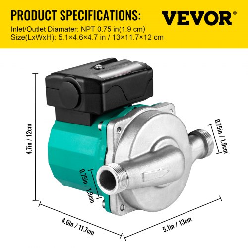 Hot Water Recirculating Pump, Stainless Steel Head Circulation Pump, Speed Electric Water Heater Circulator with NPT
