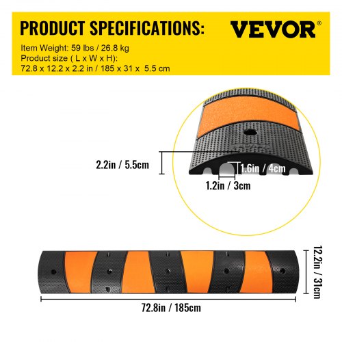 Long Modular Rubber Speed Bump, Channel, LBS Load Capacity, Garage Speed Bump for Asphalt, Concrete & Gravel Driveway