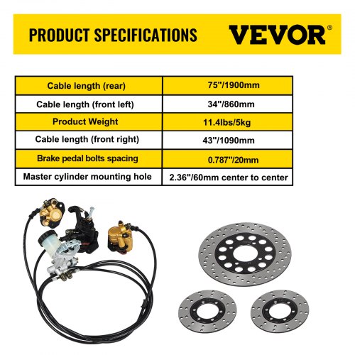 Universal Hydraulic Go-Kart Brake Master Cylinder Kiit for Hammerhead & 150cc Karts, Complete Kit with Calipers & Rotors