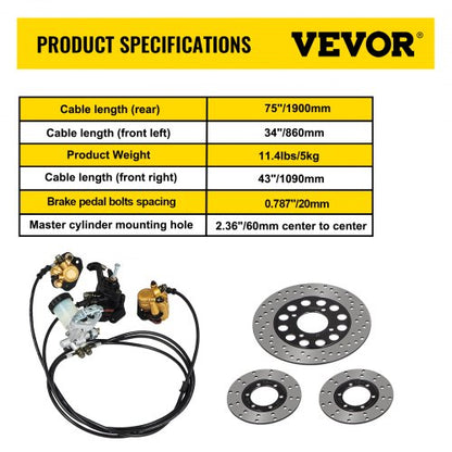 Universal Hydraulic Go-Kart Brake Master Cylinder Kiit for Hammerhead & 150cc Karts, Complete Kit with Calipers & Rotors